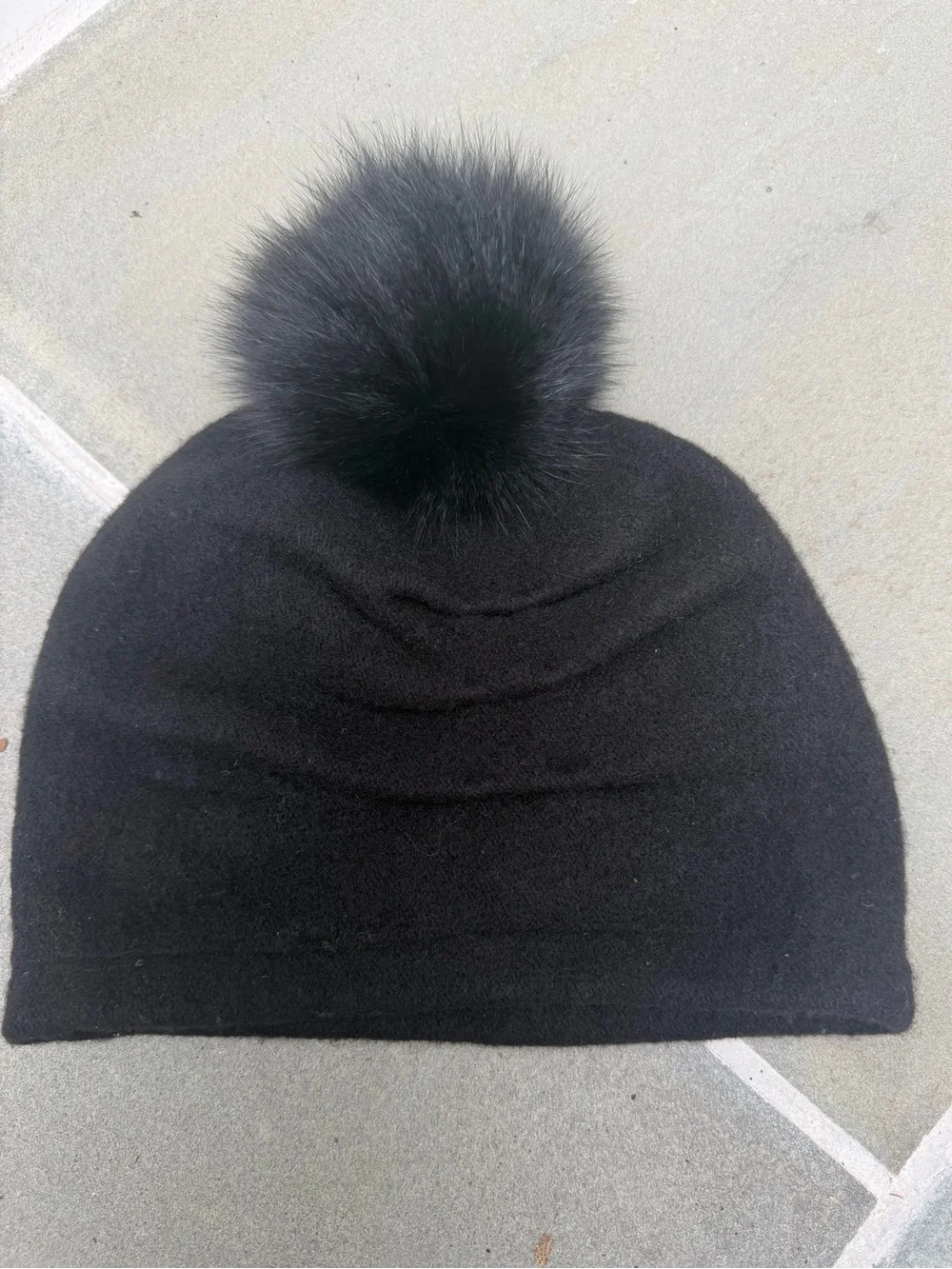 Helene Berman Black Wool Beanie Hat Real Fox Fur Pom Pom Pleated Detail